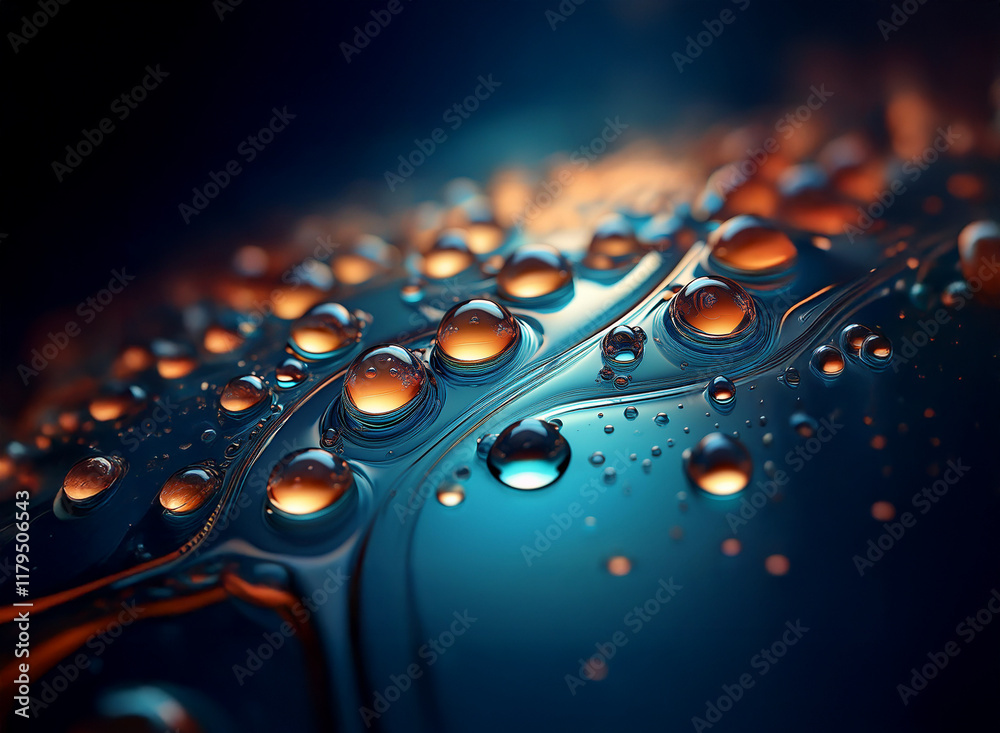Aufkleber close-up view of water droplets on a dark, reflective surface. illuminated with warm, orange highlig