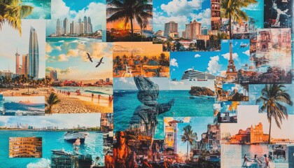 A collage of pictures of cities and beaches. Scene is one of relaxation and leisure, as it features many beach scenes and pictures of people enjoying the water. Tourism