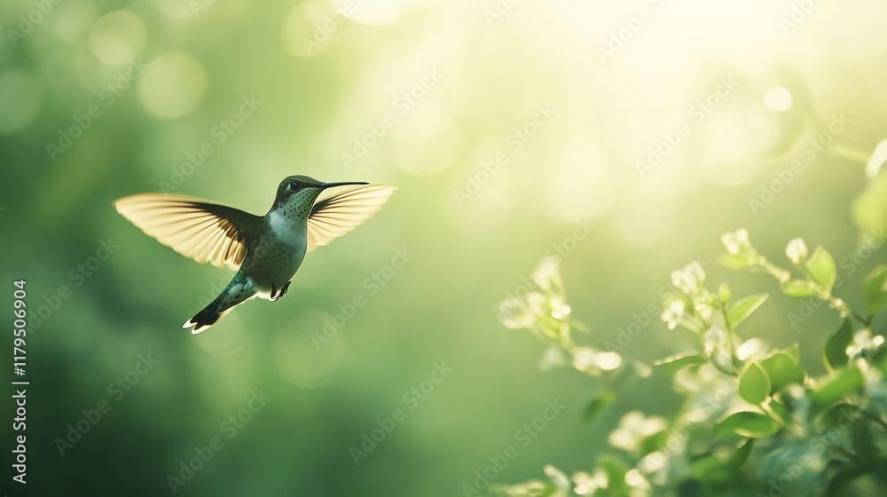 Poster small hummingbird hovering gracefully in a lush green forest, wings spread wide during the enchantin