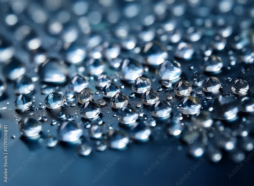 Poster Close-up of numerous water droplets on a dark surface, glistening with light reflections.  The droplets vary in size, creating a textured, abstract pattern.