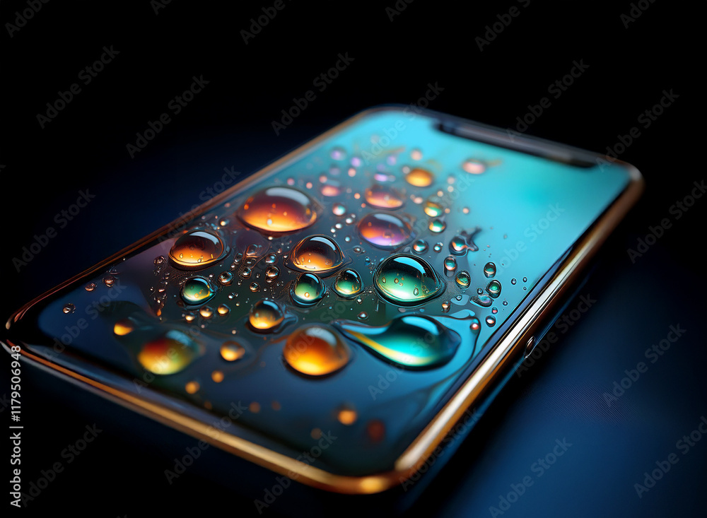 Aufkleber a smartphone rests on a dark surface, its screen adorned with iridescent water droplets of varying s