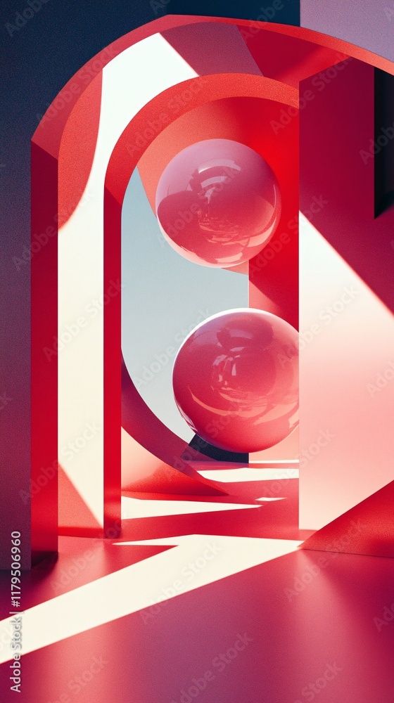 Poster Two red spheres balancing in abstract red architectural structure