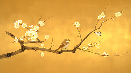 Japan, Japanese pattern, art, folding screen picture, gold, wabi, rust, Japanese spirit, Japanese painting, ink painting, ink painting, classic, ancient art, nightingale, bird, plant, vase, flower, 