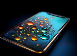 A smartphone rests on a dark surface, its screen adorned with iridescent water droplets of varying sizes.  The sleek design and colorful water contrast beautifully.