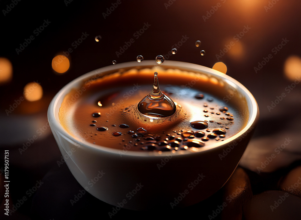 Aufkleber a single drop of water impacts the surface of dark coffee in a small white bowl, creating a captivat
