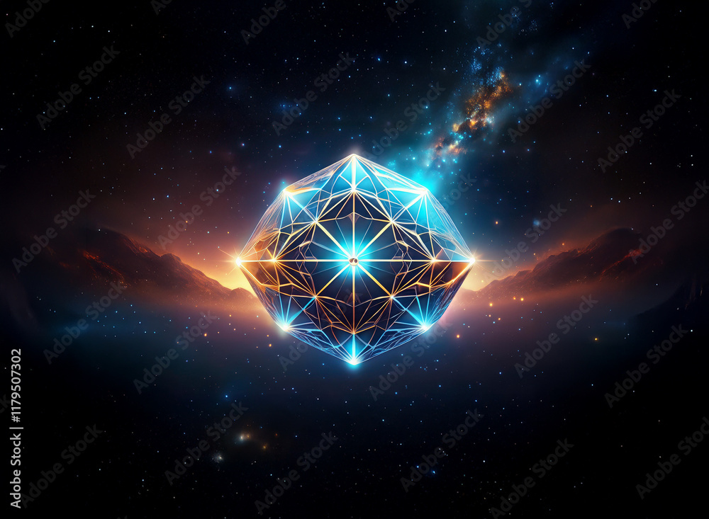 Poster a luminous, geometric orb floats in a cosmic landscape, its intricate structure glowing against a ba