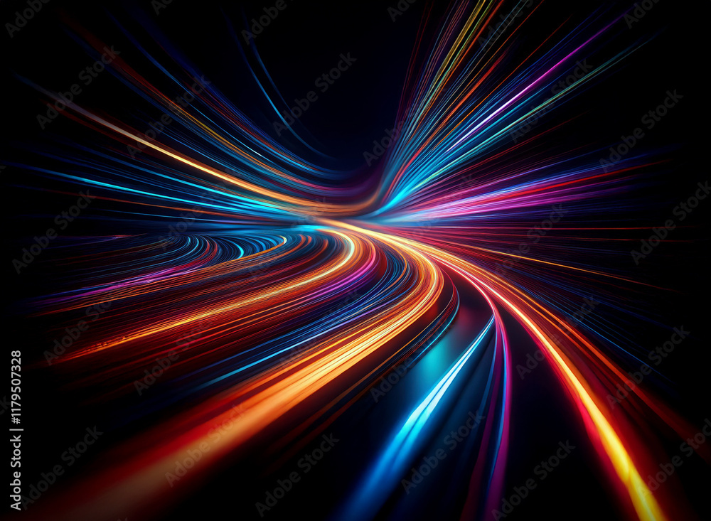 Poster abstract image of vibrant, multicolored light trails swirling and curving in a dynamic motion agains