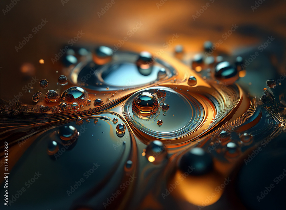 Poster abstract close-up of swirling, metallic liquid with glistening, reflective spheres. warm and cool to