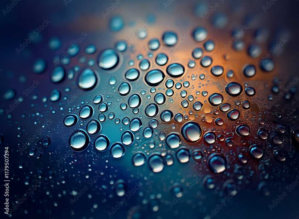Aufkleber close-up view of water droplets on a glass surface, showcasing a vibrant, abstract background of blu