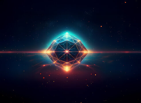 A luminous geometric crystal, vibrant teal and orange, floats in a dark, star-filled space.  A subtle light beam streaks across the scene, reflecting off the crystal's multifaceted surface.