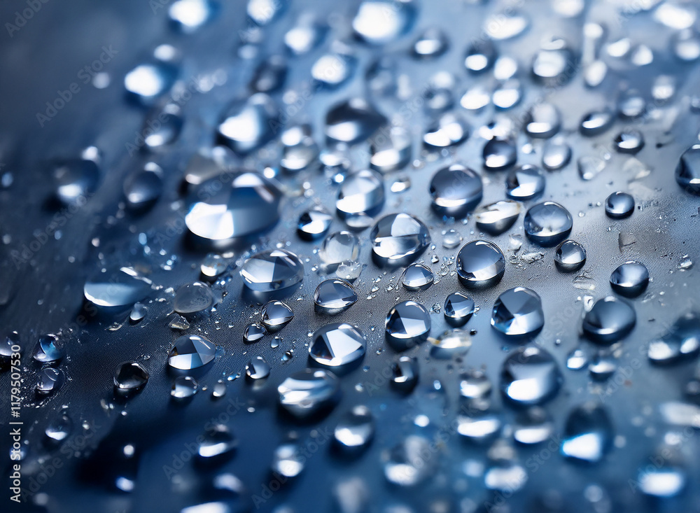 Fototapete close-up view of numerous water droplets on a dark, reflective surface. the droplets vary in size an