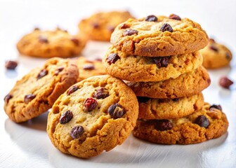 Golden-brown raisin cookies, a sweet treat, beautifully photographed with long exposure on white.
