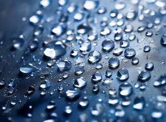 Close-up view of numerous water droplets on a dark, reflective surface.  The droplets vary in size and shape, creating a textured, glistening effect.  The overall tone is cool and blue.