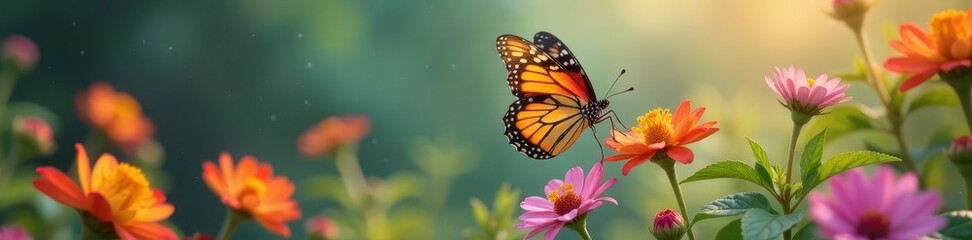 Obraz premium Colorful butterfly in flight above blooming flowers, insect, wings, winged creature