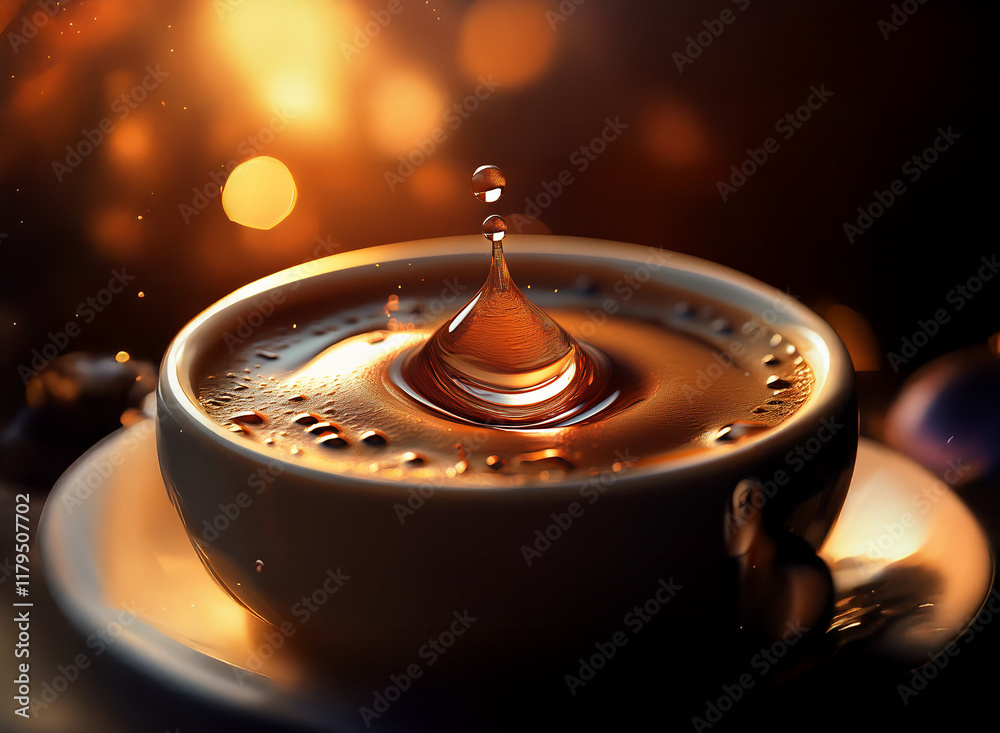 Aufkleber a single drop of liquid falls into a cup of coffee, creating a perfect splash. the warm lighting and