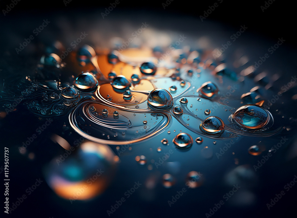Poster Intricate patterns formed by water droplets on a dark, reflective surface.  The droplets shimmer with warm and cool light, creating a mesmerizing abstract image.