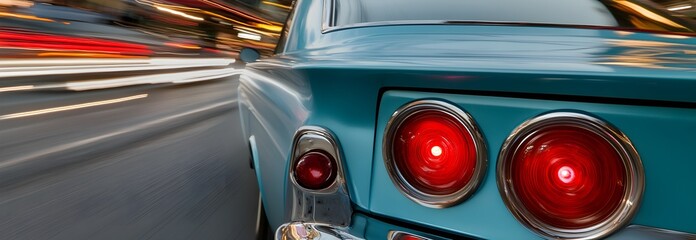 Close-up of the rear tail light and chrome wheels on an American classic muscle car driving down the road. The color palette is predominantly blue, with a blurred background and a bokeh effect. 