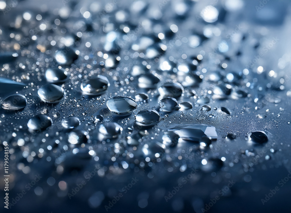 Aufkleber close-up of numerous glistening water droplets on a dark, reflective surface. the droplets vary in s