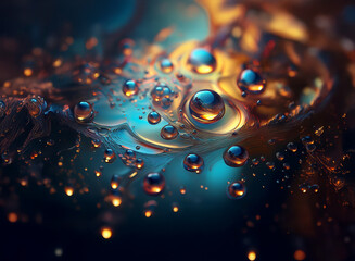 Abstract close-up of iridescent oil and water droplets.  Vibrant blue, orange, and gold hues create a mesmerizing, otherworldly scene.  The interplay of light and liquid forms a captivating texture.
