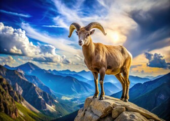 Obraz premium Wild bighorn sheep dominate this stunning mountain scene, captured under a brilliant blue sky.