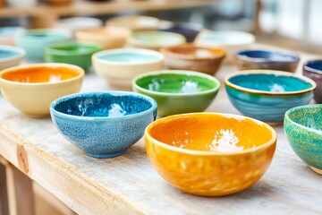 Colorful ceramic bowls arranged beautifully on a wooden table, showcasing unique designs and vibrant glazes.