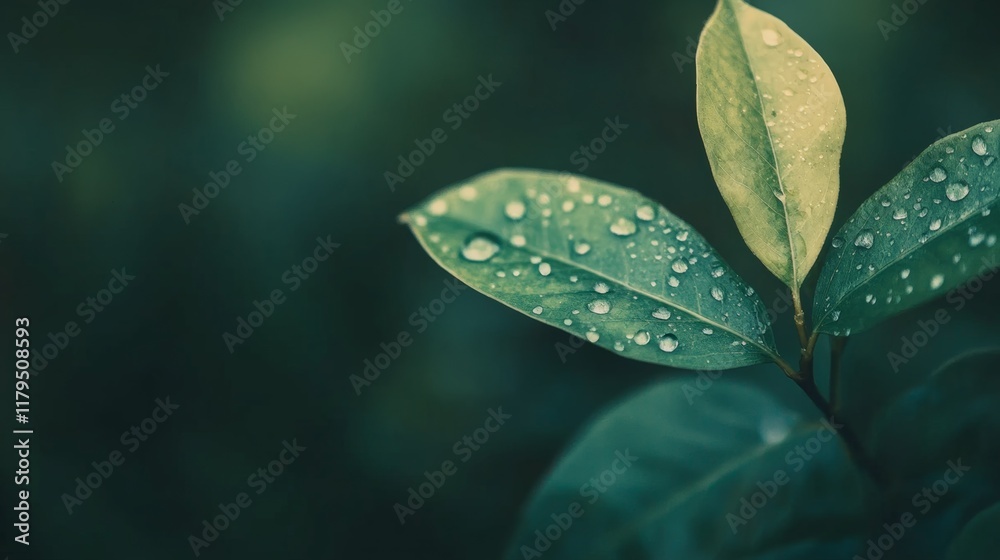 Poster sparkling water droplets clinging to vibrant green leaves create a mesmerizing display of nature's b