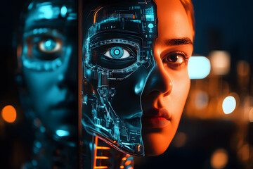 Portrait of a beautiful woman who with her hand crushes and half-face becomes a robot with artificial intelligence. Concept of: future, artificial intelligence, robot.
