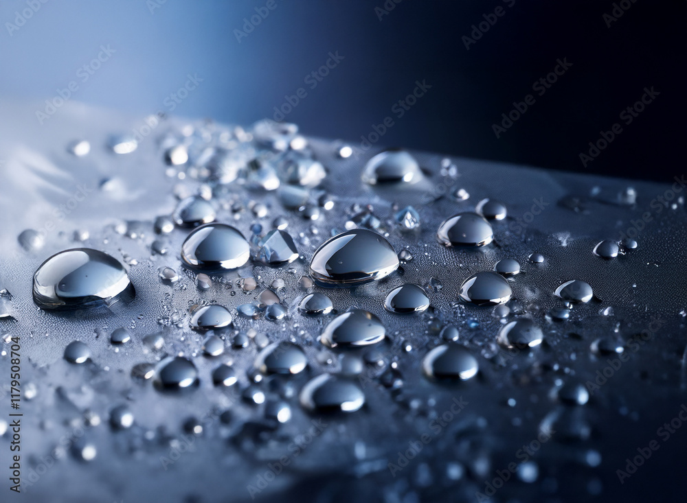 Aufkleber close-up of water droplets on a dark, reflective surface. the droplets vary in size and exhibit high