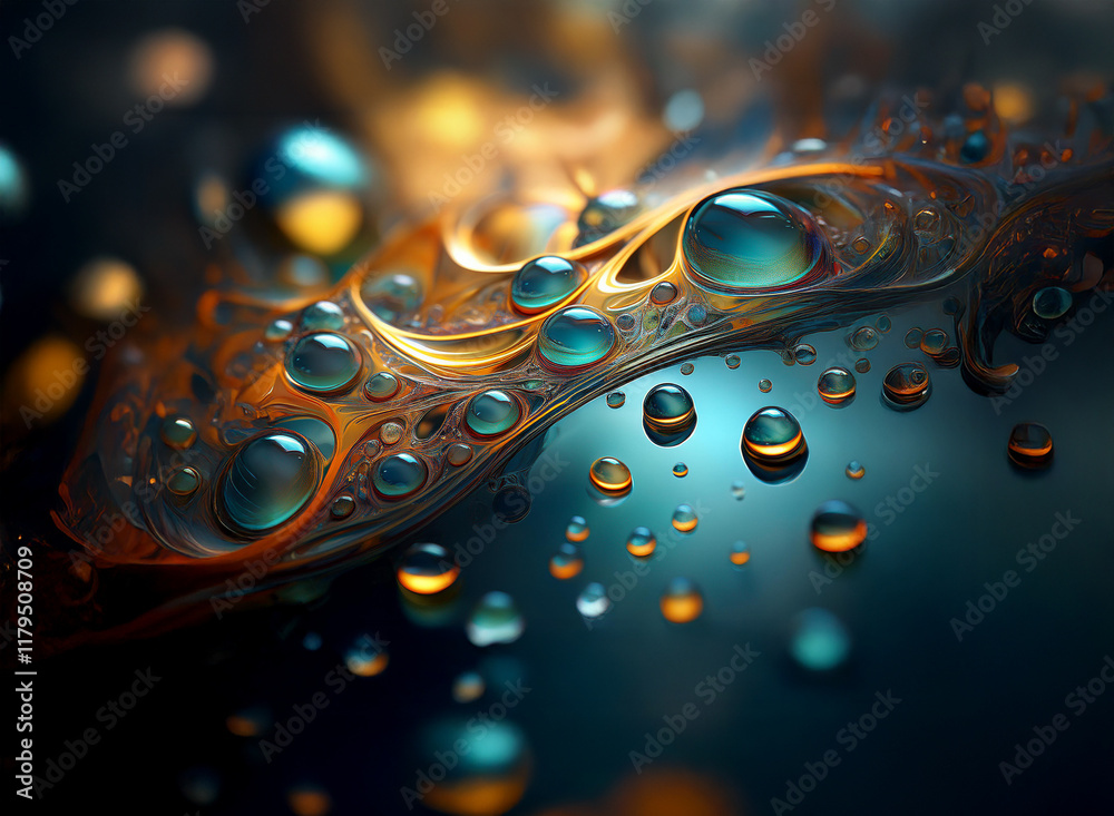 Poster abstract close-up of iridescent liquid with swirling patterns and glistening droplets. colors range 