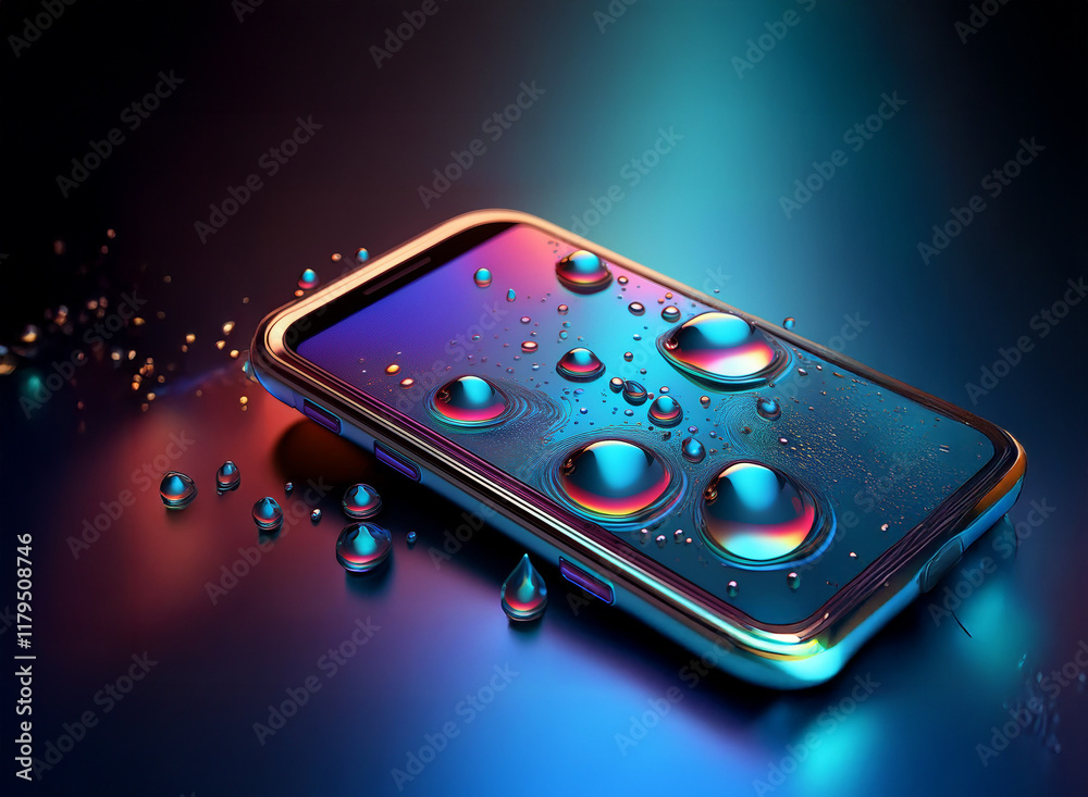 Aufkleber a sleek smartphone rests on a reflective surface, adorned with iridescent water droplets. the vibran
