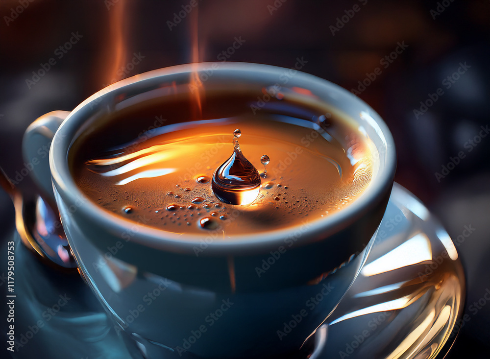 Poster A single drop of coffee splashes into a steaming cup, creating a captivating image with warm lighting and subtle reflections. The moment is frozen, showcasing the liquid's texture and the warmth of th