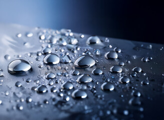 Close-up of water droplets on a dark, reflective surface.  The droplets vary in size and exhibit high surface tension, creating a mesmerizing display of light and shadow.