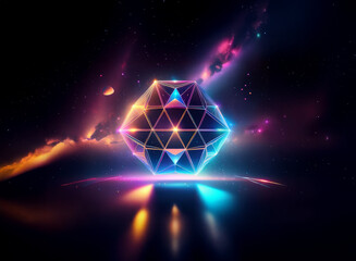 A vibrant, multifaceted geometric gem radiates light against a dark, cosmic backdrop.  Nebulae swirl around it, creating a surreal, otherworldly scene.  Reflective surface amplifies the glow.