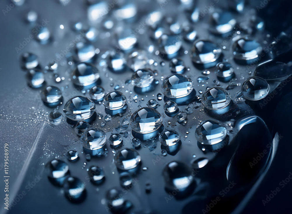 Aufkleber close-up of water droplets on a dark, smooth surface. the droplets vary in size and reflect light, c