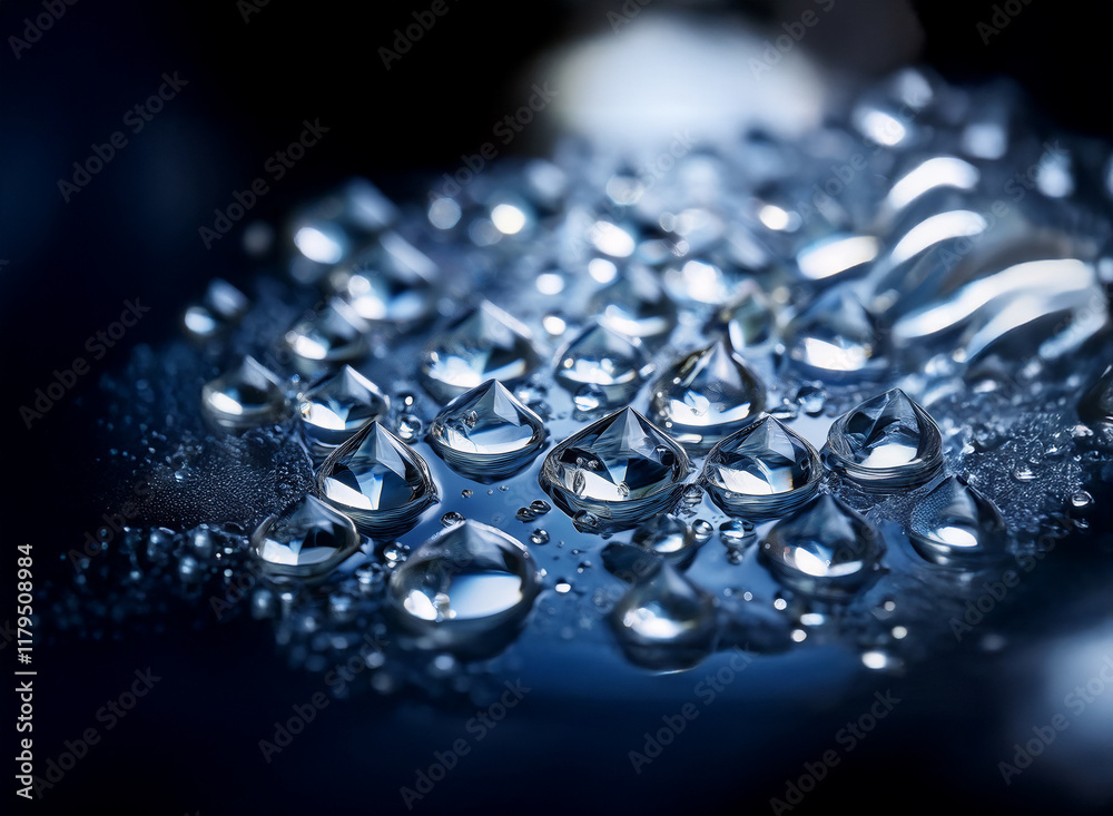 Poster close-up of numerous glistening water droplets on a dark, reflective surface. the droplets vary in s
