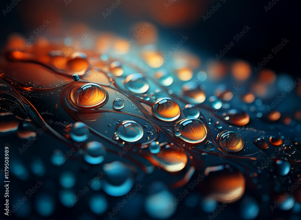 Aufkleber macro photograph of water droplets on a dark surface, illuminated with warm and cool light, creating