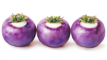 watercolor Three watercolor purple akebi fruits with smooth skin isolated design on white background
