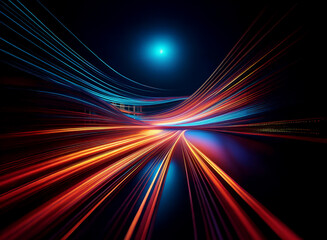 Abstract image of vibrant light trails curving on a dark road, suggesting speed and movement, with a bright light source in the background.