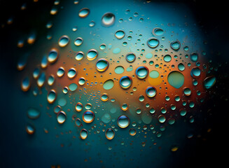 Close-up view of water droplets on a surface, illuminated with vibrant, multicolored light creating an abstract, colorful effect. The droplets vary in size and create a captivating, textured pattern.