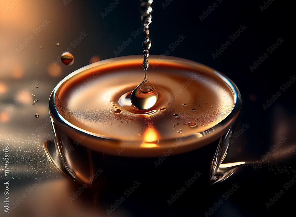 Fototapete A single drop of dark liquid falls into a pool, creating concentric ripples and tiny droplets.  The liquid glistens, reflecting light.  The overall color palette is warm, rich browns and golds.