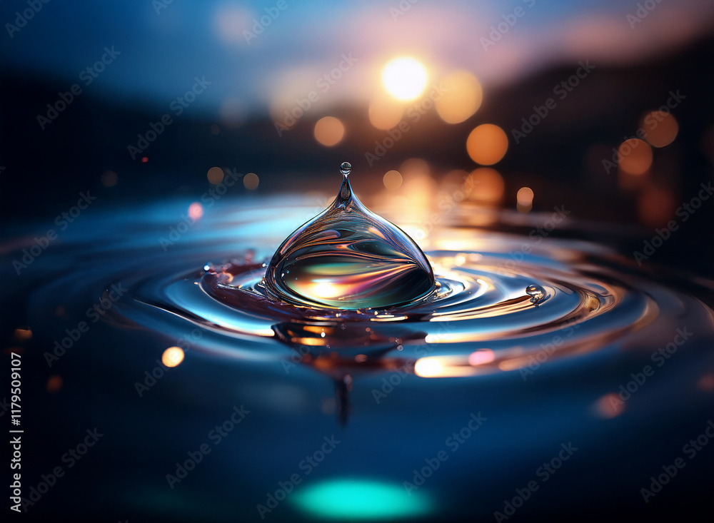 Poster a single water droplet hangs poised above the surface of still water, creating concentric ripples. t