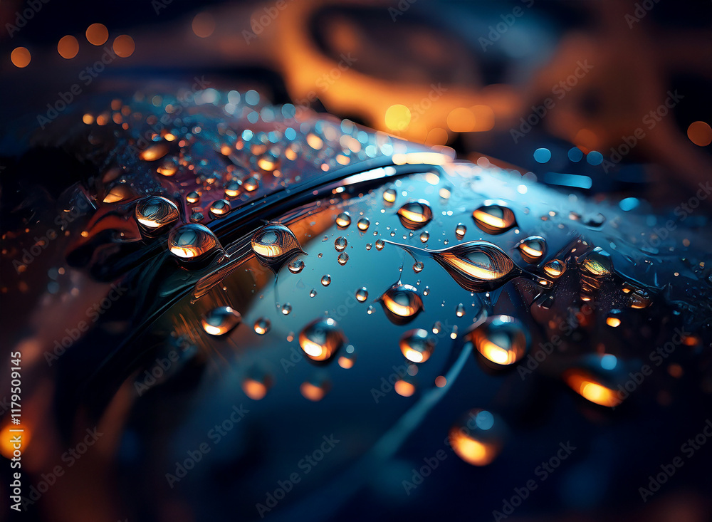 Poster close-up view of water droplets on a dark, reflective surface. illuminated with vibrant blue and ora