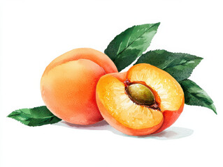Watercolor apricot with leaves, showcasing soft orange hue isolated design on white background