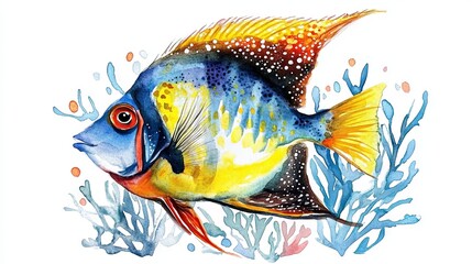 Fototapeta premium Fish and corals watercolor 
