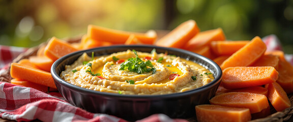 Fototapeta premium Artisan hummus with carrot sticks in picnic setting, healthy lifestyle