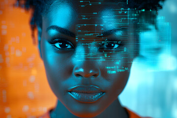 Portrait of a beautiful woman who with her hand crushes and half-face becomes a robot with artificial intelligence. Concept of: future, artificial intelligence, robot.
