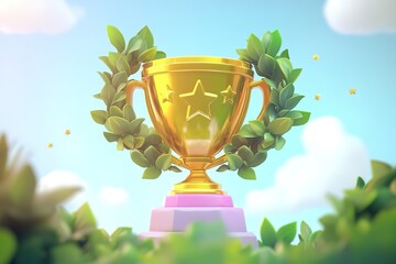 Gold Trophy with Stars and Laurel Wreath in Cartoon Style, High-Resolution Mobile Game Icon on White Background

