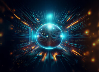 Obraz premium A glowing orb, containing a fractal tree, sits at the center of a vibrant, technological, energy field. Intricate circuitry radiates outward, creating a dynamic and futuristic scene.