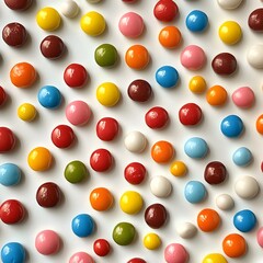 A pattern of colorful candy-like dots scattered across a glossy white surface.