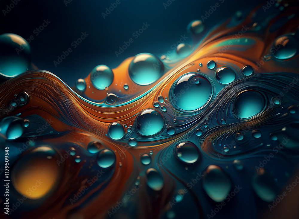 Aufkleber abstract digital artwork of swirling, iridescent liquid with translucent water droplets. the colors 